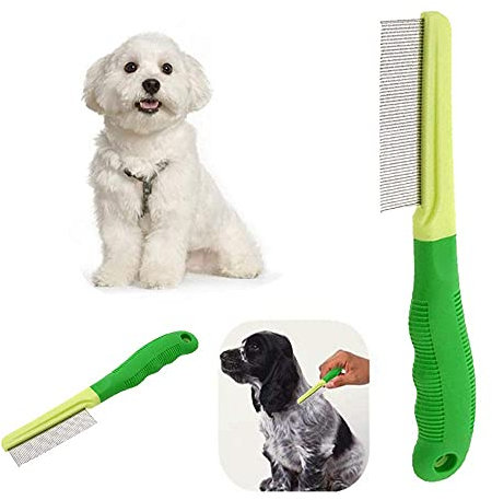 Flohkamm aus Metall, für Hunde und Katzen, mit feiner Stahlzahn, Gelb und Grün