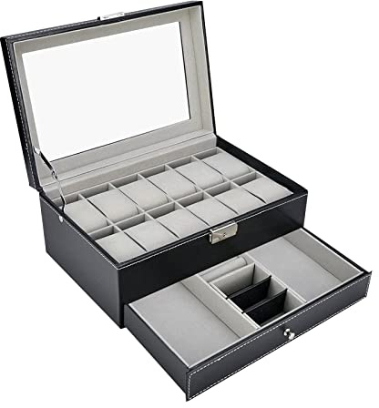 Queiting Watch Box 12-Slot PU Leather Watch Storage Box 2-Tier Watch Display Case with Glass Lid Gifts for Men and Women for Watches Jewelry and Sunglasses Storage