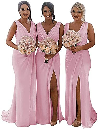 N/ C Robe longue de demoiselle d'honneur à double col en V en mousseline de soie pour femme, vieux rose, 52