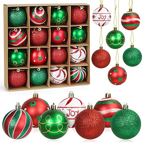 6cm Christbaumkugeln Rot Grün Weiß, 16PCS Weihnachtsbaumkugeln Kunststoff, Weihnachtsbaum Kugeln Bemalte, Baumschmuck Weihnachtskugeln, Plastikkugel Christbaumschmuck Hängedekorationen