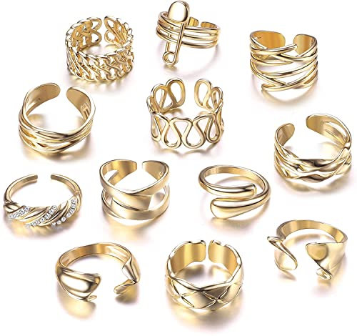 Milacolato 12Pcs Ring Damen Set Verstellbar Offener Chunky Rings Vergoldete Dome Geflochtene Twisted Siegel Ringe Einstellbare Minimalistische Statement Stapelbare Knöchel Ringe Set Mädchen
