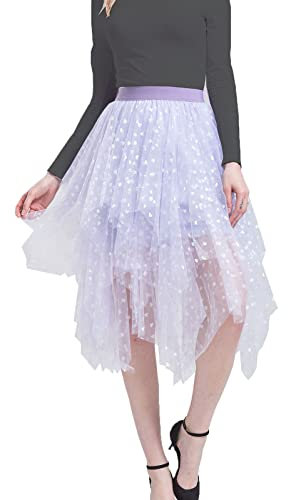 LBKKC Damen Tüllrock, formell, hoch, niedrig, asymmetrisch, Midi-Länge, elastische Taille, Tutu, geschichtet, geschwollene Feenröcke, Flieder, M/L
