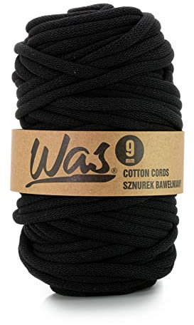 WAS Baumwollkordel mit Polyesterkern 9 mm 50m Baumwollgarn DIY Makramee Stricken Cotton Cord Schwarz ideal für Makramee Handwerk Baumwollseil für Basteln
