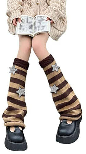 shownicer Japanische Beinstulpen Damen Teenager Mädchen Gothic Strick Lange Socken Kawaii Häkeln Beinwärmer 80er Harajuku Gestrickte Warme Oberschenkel hohe Socken F Gelb Einheitsgröße