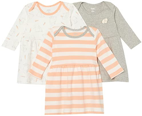 Amazon Essentials Robe à Manches Longues en Coton Bébé Fille, Lot de 3, Blanc/Gris/Rose Clair Rayures/Lapin, 0 Mois