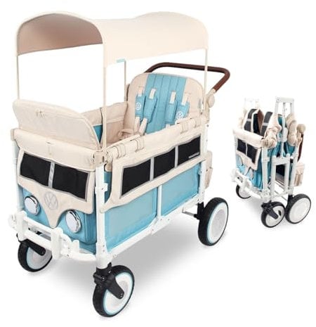 WonderFold Volkswagen W4 KinderVan (4 Sitzer) - zusammenklappbarer Kinderwagen mit VW-Stoßstange, funktionierenden Scheinwerfern und All-Terrain XL-Rädern, Bondi Blue