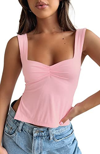 FOFAINWE Damen Ärmellos Rückenfrei Crop Tank Top Sexy Plissee Bustier Sweetheart Neck Strappy Y2K Schlitze Cropped Tops (Rose,S)