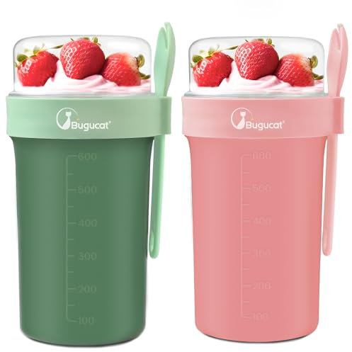 Bugucat Müslibecher to Go 2er Set,Praktischer Joghurtbecher to Go 760ml+230ml,Müsli to Go Becher mit Löffel,Auslaufsicherer Müslibecher Müsli Cup to Go Becher,Müslibox to Go,Grün+Rosa
