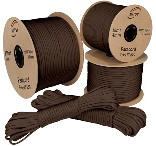 MITSY Paracord 550 Typ III Nylon Schnur 4 mm 10 Meter Hellbraun | Fallschirmschnur, 7 Kern Seil, Reißfest & Wetterfest, Allzweckseil für Camping, Outdoor & Survival, 10m, 25m, 50m, 100m, 250m
