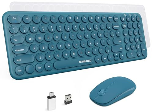 XTREMTEC Wireless Keyboard and Mouse, Compact Size Cute Keyboard Retro Round Keycap - 2.4GHz Ultra-Slim Quiet Aesthetic for Laptop iMac Windows US Layout(Blue)