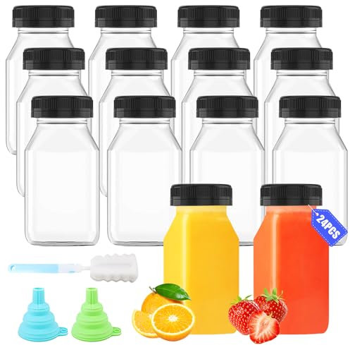 SWoob 24 Pack 4oz/120ML Plastic Juice Bottles with Lids Reusable Small Bottles with Lids Plastic Juice Bottles with Pouring Funnel and Brush Suitable for Drinks Smoothies Juice Milk