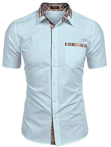 COOFANDY Mens Short Sleeve Summer Shirts Casual Work Shirts Short Sleeved Cowboy Shirt for Men Button Up Western Style Shirt Slim Fit A-Light Blue M