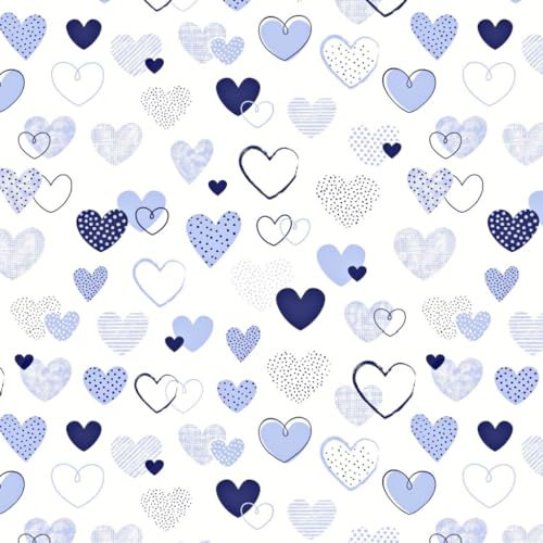 Textrend, tela de algodón, tela para coser, 100% algodón, corazones, tela textil 1x1,6m, tela por metro, patchwork (Corazones estampados azul marino sobre fondo blanco)