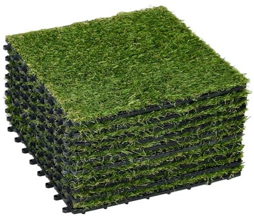 Outsunny Piastrelle da Giardino con Erba Sintetica 30x30cm 10 Pezzi, Prato Artificiale Realistico Densità 6500, Verde