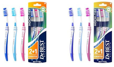 Dr.BEST Hoch-Tief Zahnbürste, Mittel, Vorteilspack(2+1Stück Gratis)Die kürzeren Borstenreihen reinigen die Zahnoberfläche, die längeren sind speziell für die Reinigung der Zahnzwischenräume konzipiert