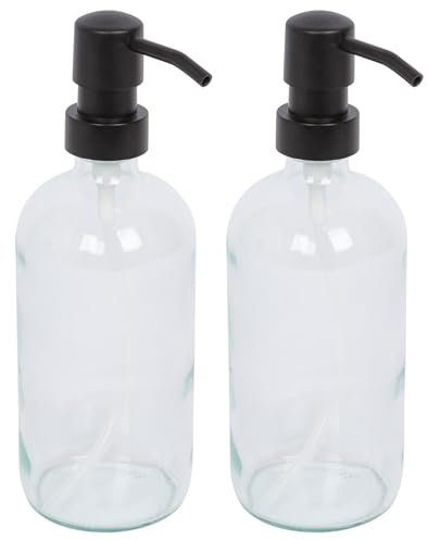 Harbour Housewares Clear Glass Soap Dispensers Pack of 2-500ml Refillable Bottles with Black Pumps - Bathroom and Kitchen Accessories for Hand Wash, Lotion or Washing Up Liquid