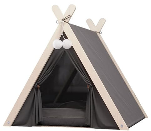 Generic Haustier-Tipi mit Kissen, 61 cm, Hundezelt, Bett, großes Katzen-Tipi, für drinnen und draußen, für Hunde und Katzen, graues Baumwoll-Segeltuch