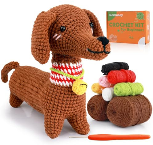 Norhusey Tier-Häkelset für Anfänger: Häkeln lernen, niedliches Amigurumi-Starter-Set mit schriftlichen und Video-Tutorials – Häkelset für Erwachsene und Kinder (Dackel)