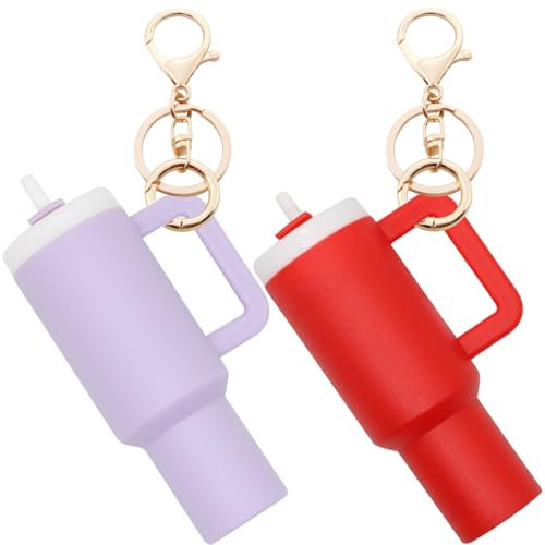 Wabogove Mini Tumbler Keychain, 2 Pack Cute Mini Cup Keychain Charm for Stanley Cup Accessories Backpack Bag for Women Girls, Purple+red, S