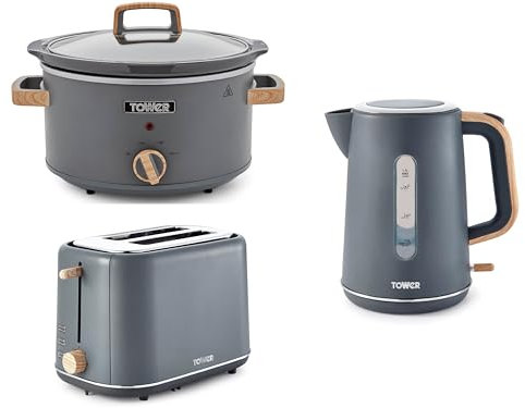 Tower Scandi Grey 1.7L 3KW Kettle, 2 Slice Toaster & 3.5L Slow Cooker. Matching Scandinavian Design Kitchen Set in Grey with Wooden Accents