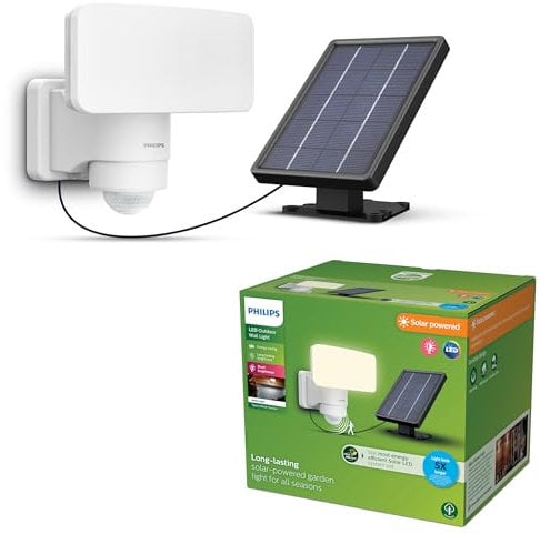 Philips Tylus ultraeffiziente Solar-Sicherheitsleuchte für den Außenbereich mit Sensor, 3000K weißes Licht, 1000/50lm, Weiß