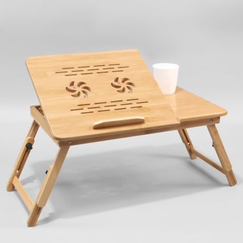 YANGHX Bamboo Adjustable Laptop Desk with Cooling Fan, Laptop Stand with Adjustable Trays, Small Drawer, Foldable Bed Tray Lap Work Tray for Working Writing Drawing Surfing Reading Eating