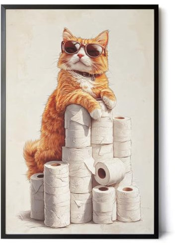 Paul Sinus Poster/Leinwandbild/Rahmenoption – Coole Katze auf dem Klopapier-Thron – Lustige WC-Deko für dein Badezimmer