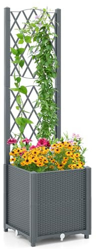 RELAX4LIFE Lettino da Giardino Rialzato con Graticcio, Fioriera da Esterno con Disco Auto-irrigante, Foro di Drenaggio, Scatola per Piante, Texture Rattan, Scatola per Fiori per Balcone (Grigio)