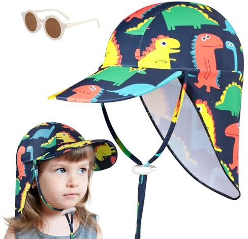 BSBUY Sombrero de Sol Infantil, Gorro de Playa de Patrón de Dinosaurio y Gafas de Sol con Protección UV UPF 50+ Transpirable, Protege tu Cuello, Sombrero de Playa de Verano Ajustable