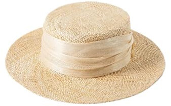 Elegante sombrero plano de paja Toquilla de ala ancha para mujer con lino de seda, estilo natural, Color original, 6 7/8 / 7 1/8