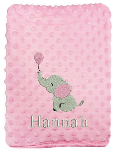 JJLC Personalised Baby Bobble Blanket Embroidered Elephant & Name Soft Fleece Wrap Boys Girls (Pink Bobble)