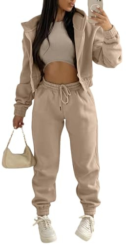 JIAALU Damen Jogginganzug 3-teiliges Lounge-Set für Weicher Sets Yoga Outfit Sport Langarm Kapuzenjacke+ Crop Top + Jogginghose mit Taschen