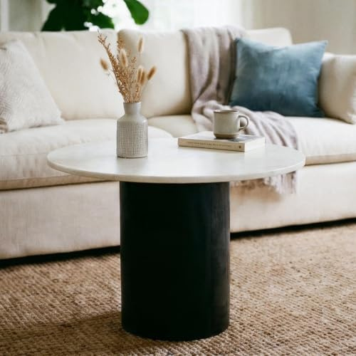 Couchtisch YAMUNA rund 60 cm mit Marmorplatte, Weiß/Schwarz– Wohnzimmertisch aus weißem Marmor und massivem Akazienholz, modernes Design, pflegeleichte Oberfläche, kompakt für Wohnzimmer & Lounge