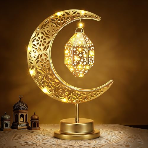 Lewondr Ramadan-Mondlampe, Halbmond mit Ramadan-Laterne, Batteriebetriebene Gold-Schreibtischlampen-Dekoration Halbmond-Tischlampe Nachttisch Nachttisch Schreibtisch Wohnzimmer Deko, Eid Mubarak Dekor