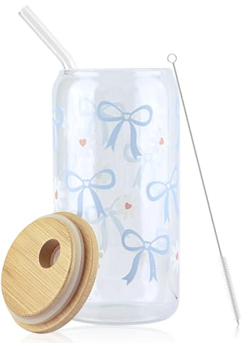 Bow Glass Cup Set, 500ml Can Shaped Glasses with Airtight Bamboo Lids Iced Coffee Cup Set Elegant Bubble Tea Cups Elegant Transparent Cute Coffee Cups Aesthetic Gifts for Women Girls Friends (blue)