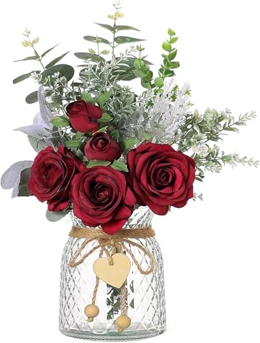 Floralsecret Faux Flowers with Vase Artificial Burgundy Rose Flowers in Vase Fake Eucalyptus Plant Floral Arrangement for Table Centerpieces, Baby Shower, Home Kitchen Office Coffee Shop Decorations