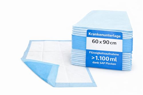 BUXMED 25 Stück Einweg Krankenunterlage und Inkontinenz Bettunterlage 60 x 90 cm, saugstark, 5-lagig, Wochenbetteinlagen, Wickelunterlage, Betteinlagen bei Inkontinenz, wasserdicht