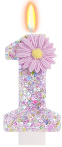 Candela 1 Anno Bimba Viola con Glitter e Margherita 3D, Candelina Numero 1 per Torta, Candela Numero 1, Decorazioni per Torta 1° Compleanno Bimba, Candeline Particolari, Regalo Primo Compleanno