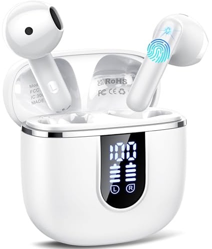 Auriculares Inalambricos Bluetooth 5.4, Auriculares Bluetooth con 4 Mic ENC Reducción de Ruido, 40H Cascos Inalambricos Bluetooth con HiFi Estéreo, Pantalla LED, IP7 Impermeable Audifonos USB-C Blanco