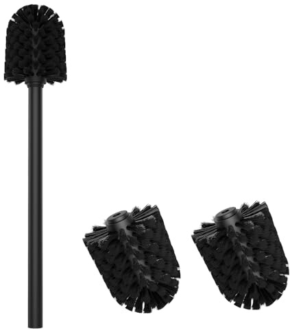 Mozmmhi WC-Bürste, WC-Bürsten Toilettenbürste Mit 3 Ersatzköpfe, PP Klobürste aus 304 Edelstahl Griff für die Badezimmerreinigung (Black, 7cm Diameter)