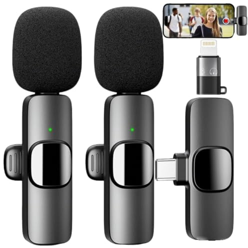Micrófono Inalámbrico para iPhone, Android - Microfono Solapa para Grabación de Vídeo, Cancelación de Ruido Mini Mic para iPad, Mic de clip con USB C/Lightning para Creadores de Contenido y Podcast