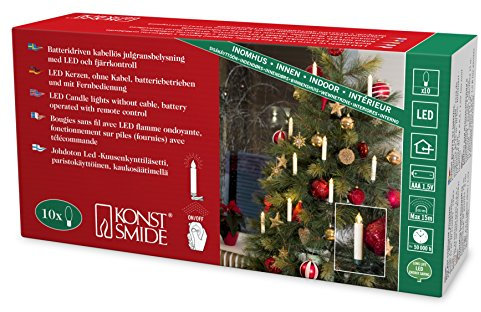 Konstsmide albero LED illuminazione, 10 piccole candele bianche con telecomando, 10 diodi a luce bianca calda, funzionamento a batteria, interno, 12 x AAA 1,5 V exklusiv 1901 – 100
