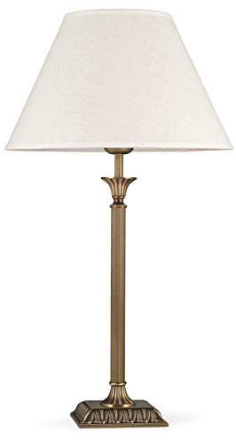 Helios Leuchten 403777/3 Vintage Lampe Leuchte | große klassische Jugendstil Tischleuchte Tischlampe | Retro Schreibtischlampe echt Messing antik | Lampenschirm Leinen | 1 x E27