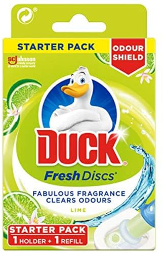 Duck Fresh Discs Toilet Cleaner Starter Kit, Fights Stains That Harbour Germs, Prevents Limescale Build Up, Lime, 1 Holder + 1 Refill Tube