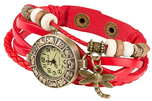 Taffstyle Damen-Armbanduhr Analog Quarz mit Leder-Armband Geflochten Charms Anhänger Uhr Retro Vintage Libelle Gold Rot