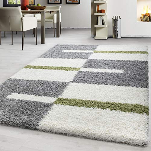 Teppium Moderner Hochflor Teppich Wohnzimmer 250x350 (240 x 340 cm) Grün - Shaggy Flauschiger Teppich, Extra Weich, Pflegeleicht und Kariertes - für Schlafzimmer, Küche und Esszimmer