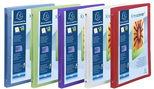 Exacompta - ref. 519699E - Box of 5 customizable flexible PP binders 1 pocket - 4 round rings, 15mm diameter - External dimensions: 32 x 25 cm - A4 file format - 5 assorted colors