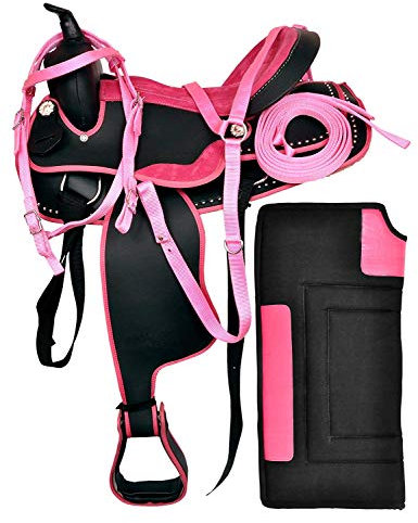 Y et Z Entreprises synthétique Western Selle de Cheval Corps Racing Tack + licole Tapis de Selle, Collier de Poitrine et Taille 38,1 cm à 45,7 cm Pouce Assise Disponible, Rose, 17 inch Seat