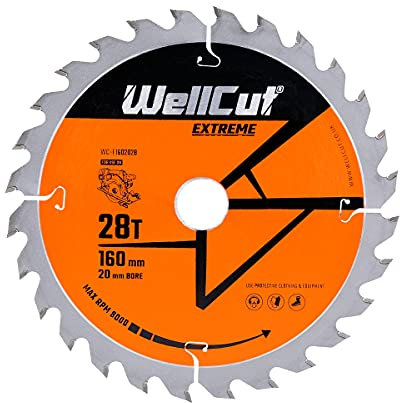 WELLCUT TCT Circular Angle Grinder Wood Cutting Disc Saw Blade, Plunge Saw Blade 160mm x 20mm x 28T Festool TS55 Makita Bosch Cord/Cordless