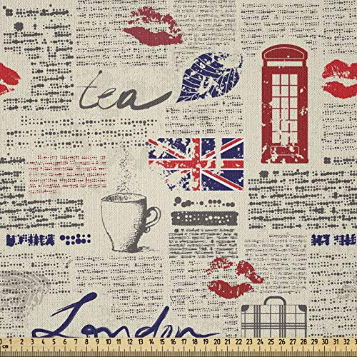 ABAKUHAUS Tee-Party Stoff als Meterware, Zeitung Kiss Marks, Microfaser Stoff für Dekoratives Basteln, 1M (230x100cm), Marineblau Beige Rot
